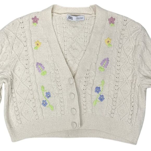 Zara Cream Cropped Cardigan with Floral Embroidery - Picture 2 of 7